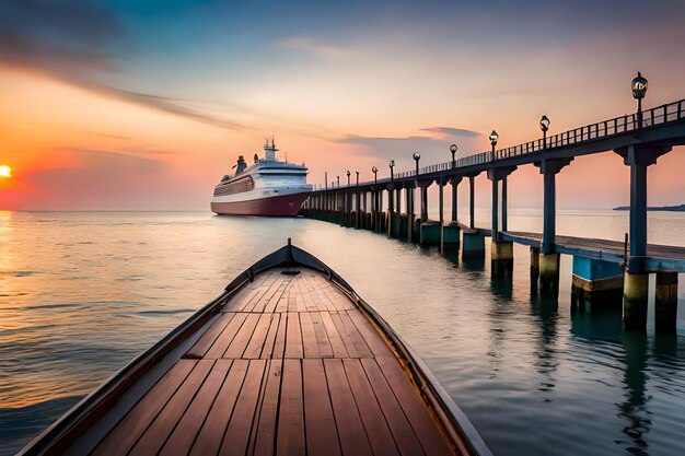 Ein Kreuzfahrtschiff liegt an einem Pier mit einem Sonnenuntergang im Hintergrund.