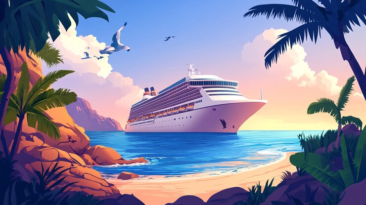 Foto ein kreuzfahrtschiff segelt an einem ruhigen strand bei einem lebendigen sonnenuntergang