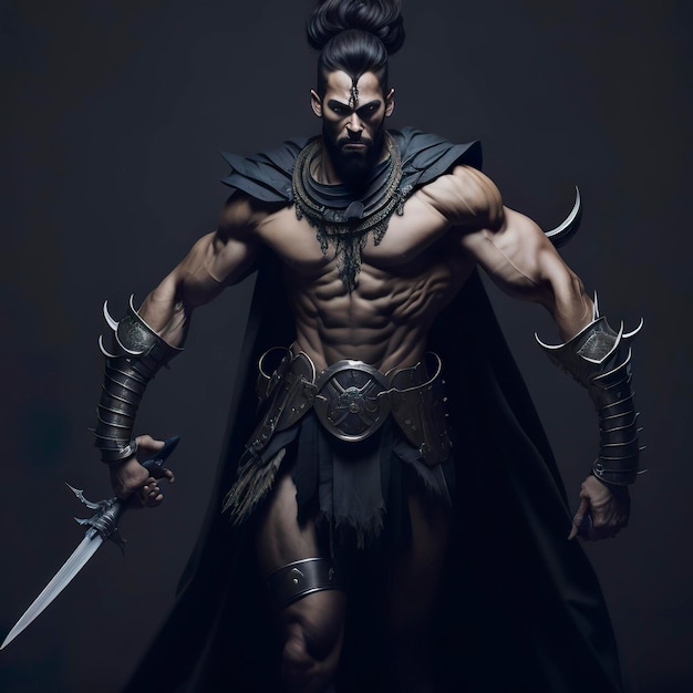 Ein Krieger mit Rüstung vor dunklem Hintergrund