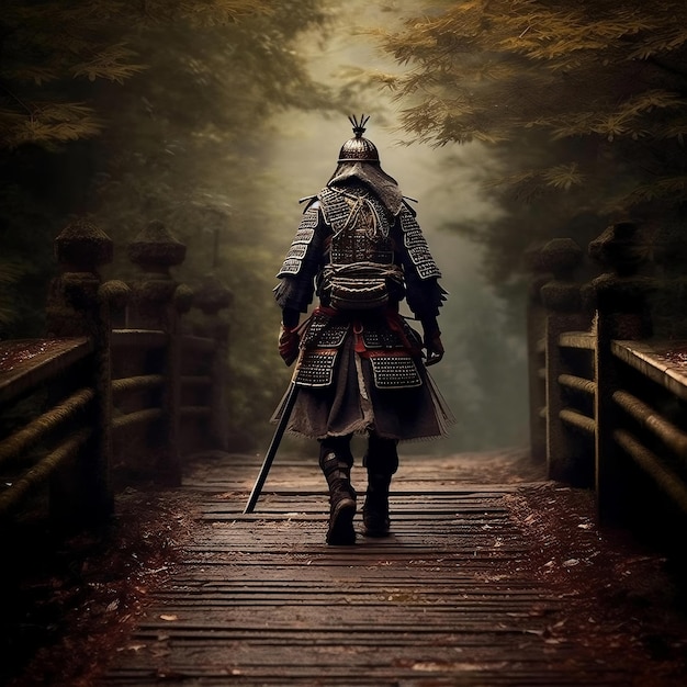 Foto ein krieger-samurai geht auf einer brücke im wald