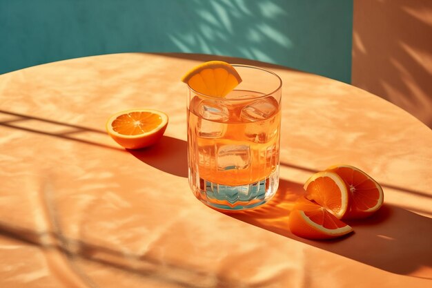 Foto ein kristallklares glas erfrischender spritz-cocktail auf einem holztisch voller frischer orangen