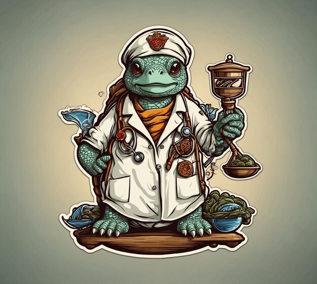 Ein Krokodil-Arzt in einem weißen Mantel hält eine Tasse Tee