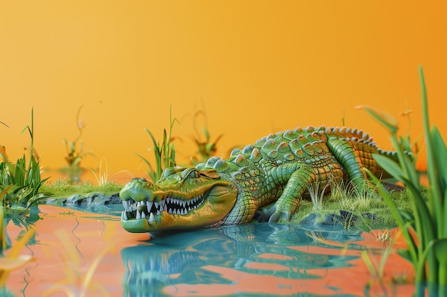 Ein Krokodil liegt auf einem Grasstück in einem Teich