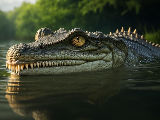 Ein Krokodil liegt mit offenem Maul im Wasser.