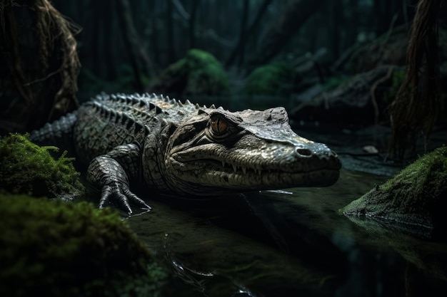 Ein Krokodil sitzt im Wasser im Dschungel.