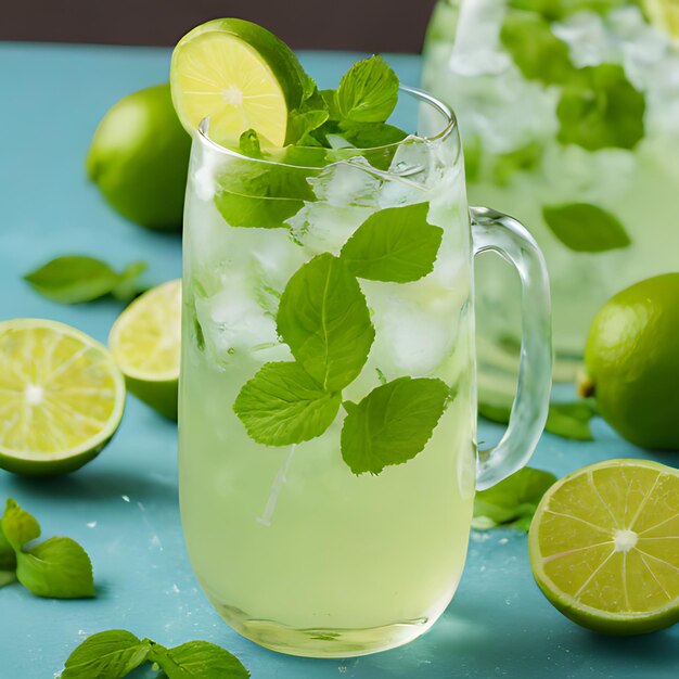 Foto ein krug limonade mit limetten und minzblättern