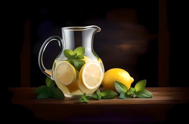 ein Krug Limonade und Zitronen auf einem Holzbrett