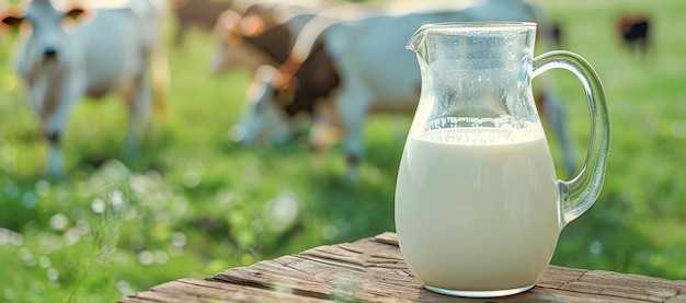 Foto ein krug milch auf einem tisch vor kühen, die von ki generiert wurden