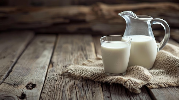 Foto ein krug milch und ein glas milch auf einem holztisch