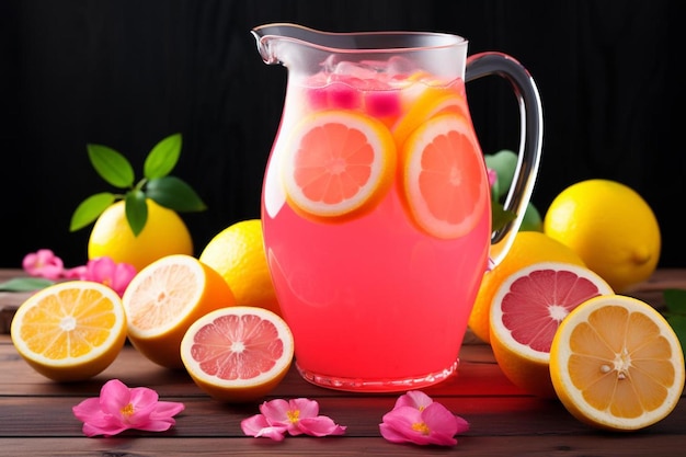 ein Krug rosa Saft mit einem rosa Getränk und Zitronen auf dem Tisch.