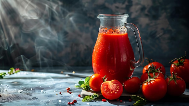 ein Krug Saft mit Tomaten und einem Löffel