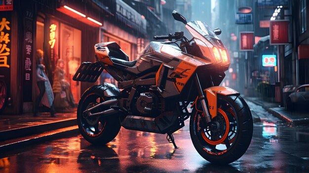 Ein KTM-Motorrad in einer engen Cyberpunk-Straßenfotografie. Generative KI