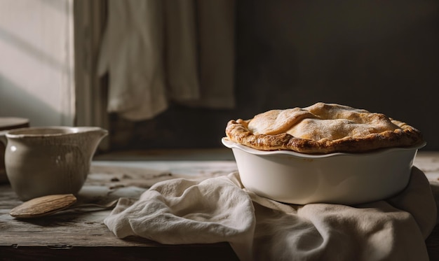 Ein Kuchen auf einem ländlichen Holztisch und ländlichem Hintergrund, der mit natürlichem Sonnenlicht beleuchtet wird