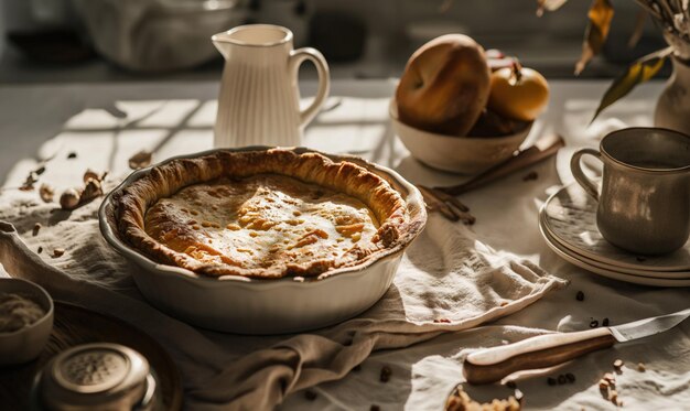 Ein Kuchen auf einem ländlichen Holztisch und ländlichem Hintergrund, der mit natürlichem Sonnenlicht beleuchtet wird