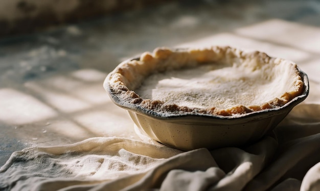 Ein Kuchen auf einem ländlichen Holztisch und ländlichem Hintergrund, der mit natürlichem Sonnenlicht beleuchtet wird