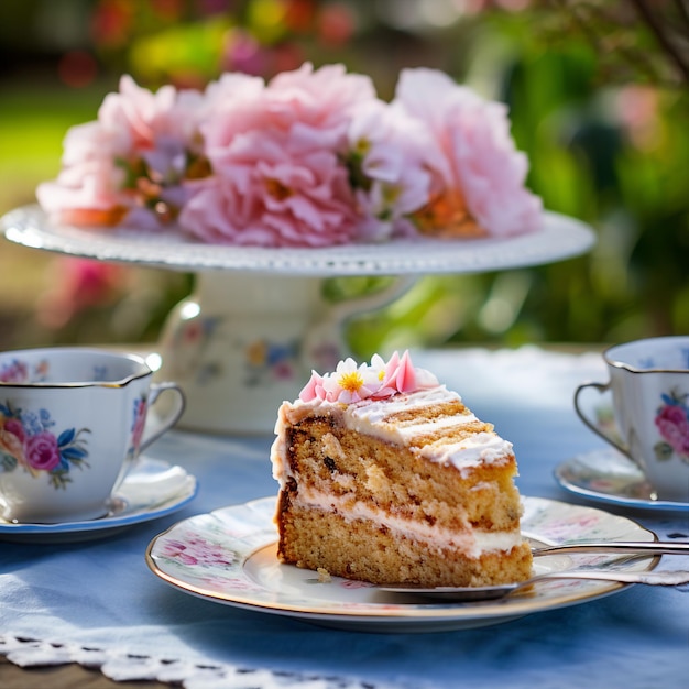 ein Kuchen auf einem Teller mit einer Tasse und einer Untertasse