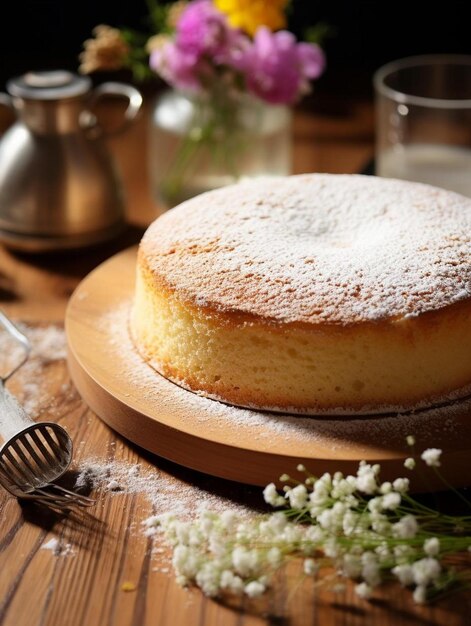 ein Kuchen auf einer Holzplatte mit einem Bündel Blumen im Hintergrund