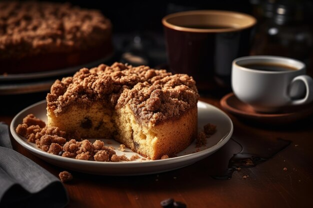 Ein Kuchen, dem ein Stück fehlt, steht auf einem Tisch neben einer Tasse Kaffee.