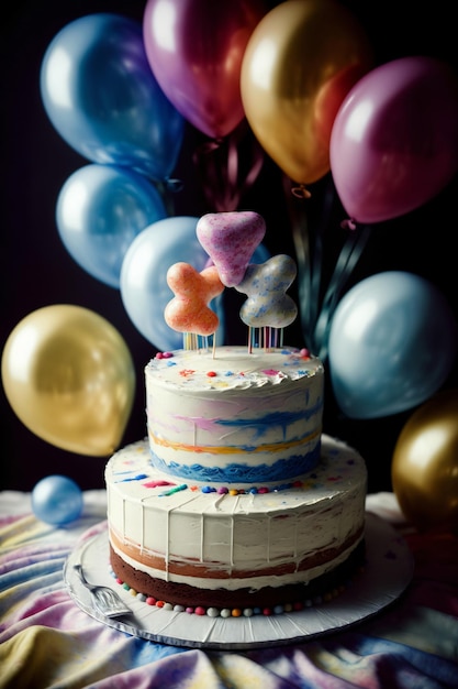 Ein Kuchen, der auf einem mit Luftballons bedeckten Tisch sitzt