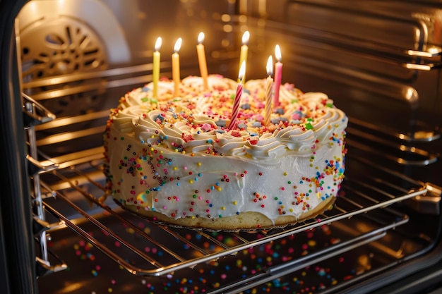 Foto ein kuchen, der im ofen mit glasur und kerzen geschmückt wird