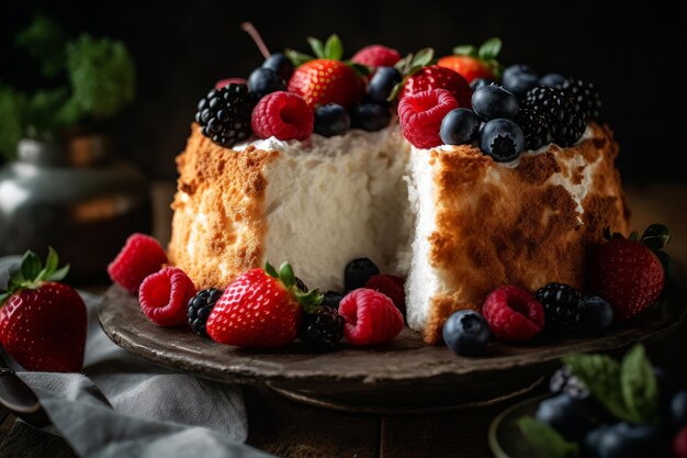 Ein Kuchen mit Beeren darauf und ein Stück Kuchen auf einem Teller