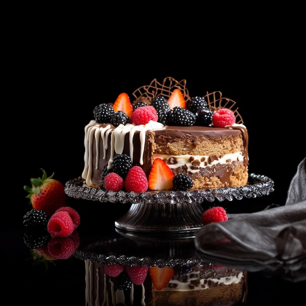 Ein Kuchen mit Beeren darauf und einem schwarzen Hintergrund