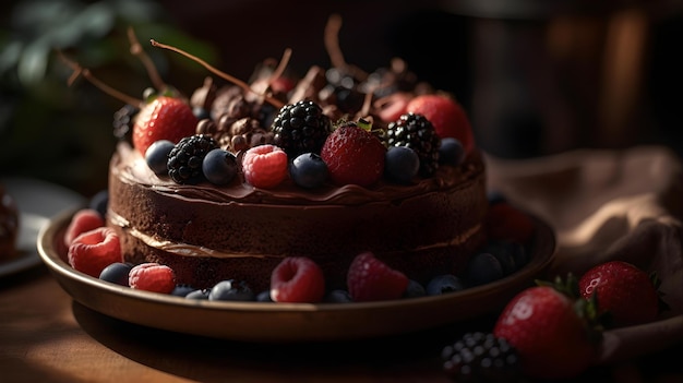 Ein Kuchen mit Beeren darauf und einer roten Beere als Beilage.