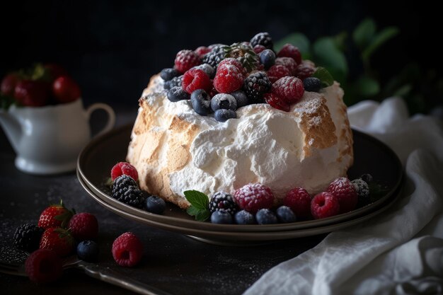 Ein Kuchen mit Beeren und Sahne auf einem Teller