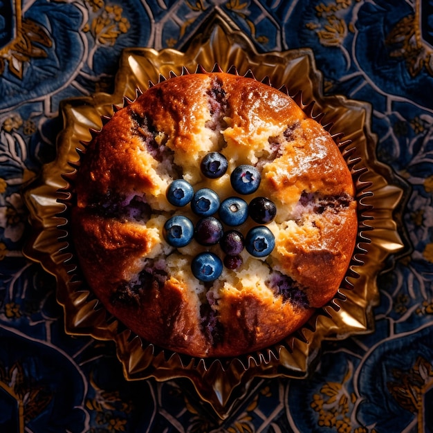 Ein Kuchen mit Blaubeeren darauf auf einem Tisch