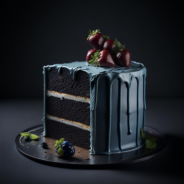 Ein Kuchen mit blauem Zuckerguss und Erdbeeren obendrauf.