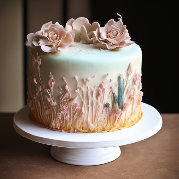 ein Kuchen mit Blumen auf einem weißen Teller