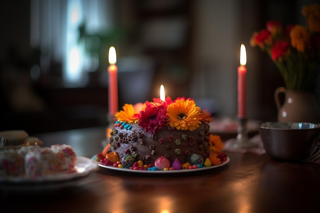 Ein Kuchen mit Blumen darauf steht auf einem Tisch mit einem Teller und einem Teller mit einem Stück Kuchen darauf.