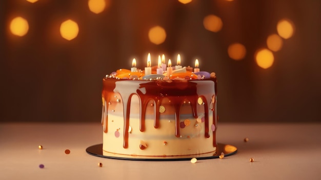 Ein Kuchen mit brennenden Kerzen darauf und goldenem Hintergrund.