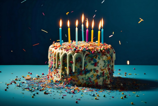 Ein Kuchen mit bunten Streuseln und Kerzen auf blauem Hintergrund