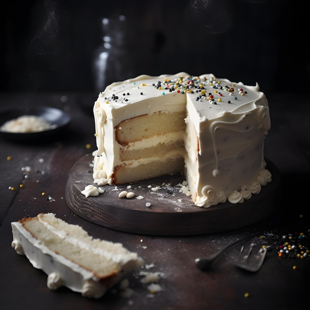 Ein Kuchen mit einem fehlenden Stück und Streuseln darauf.