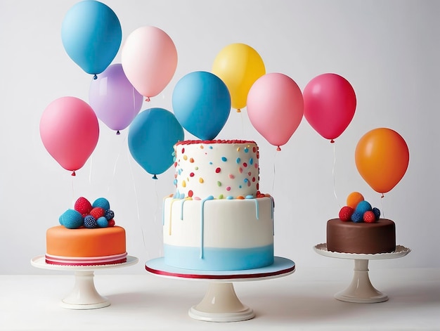 ein Kuchen mit einem Haufen Luftballons im Hintergrund und ein Kuchen mit einem Haufen Luftballons im Hintergrund