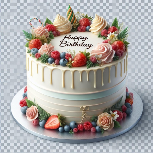ein Kuchen mit einem Kuchen, auf dem geschrieben steht "Glücklicher Geburtstag"