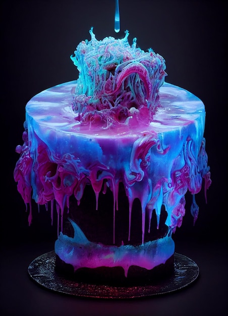 Ein Kuchen mit einem violetten und blauen Zuckerguss, auf dem „Kuchen“ steht