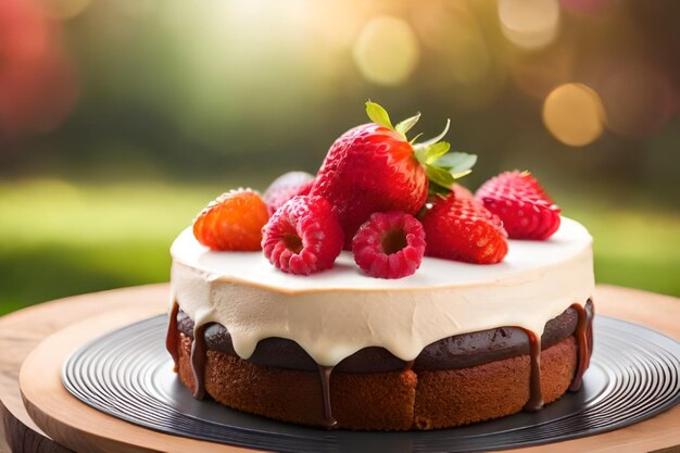ein Kuchen mit einer Erdbeere oben und einem Teller mit verschwommenem Hintergrund