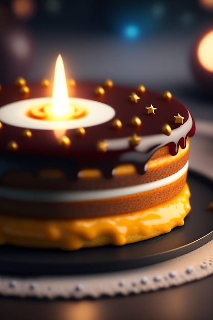 Ein Kuchen mit einer Kerze darauf, auf der "Happy Birthday" steht.