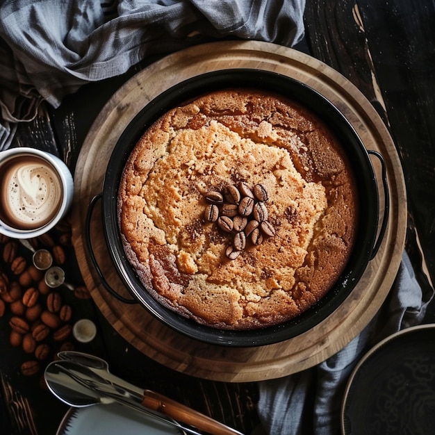 ein Kuchen mit einer Tasse Kaffee und einer Schüssel Kaffee