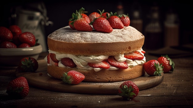 Ein Kuchen mit Erdbeeren oben und einer Erdbeere oben drauf