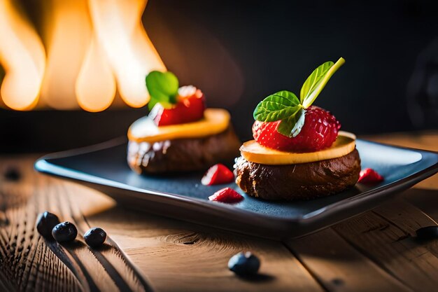 Foto ein kuchen mit erdbeeren und einem kamin dahinter