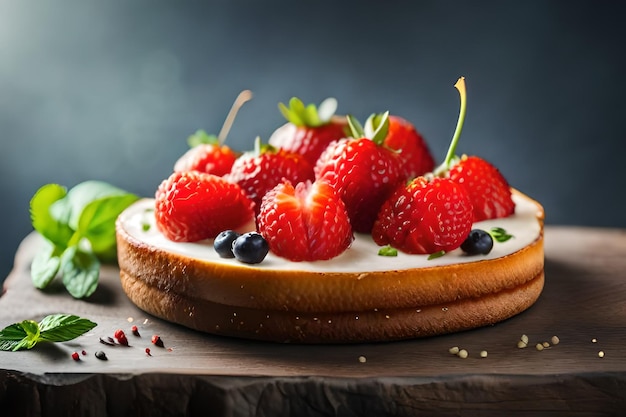 ein Kuchen mit Erdbeeren und einem Stück Kuchen auf einem Holztisch