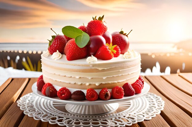 Ein Kuchen mit Erdbeeren und Heidelbeeren obendrauf