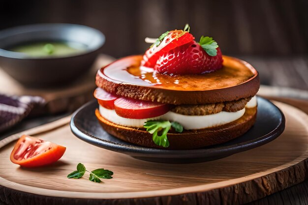 Ein Kuchen mit Erdbeeren und Sahne auf einem Holzteller