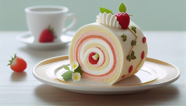 Ein Kuchen mit Erdbeerfüllung und einer Tasse Tee dazu.