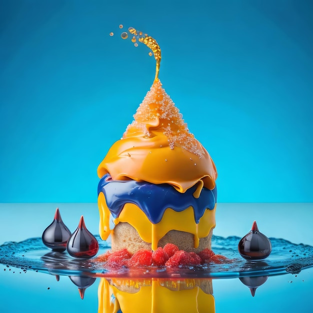 Ein Kuchen mit gelbem Zuckerguss, der einen blauen Hintergrund und einen blauen Hintergrund hat.