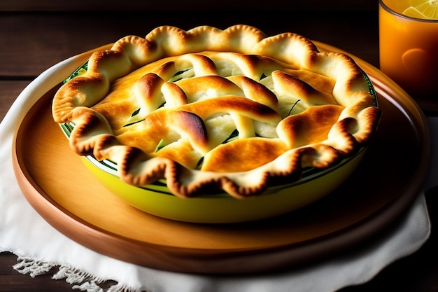 Ein Kuchen mit goldener Kruste und grünem Rand.