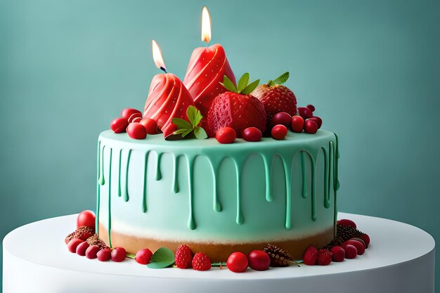 Ein Kuchen mit grünem Zuckerguss und Erdbeeren obendrauf